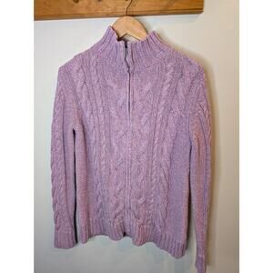 L.L.Bean Lavender Purple Cable Knit Full Zip Sweater Cotton Mock Neck Large
